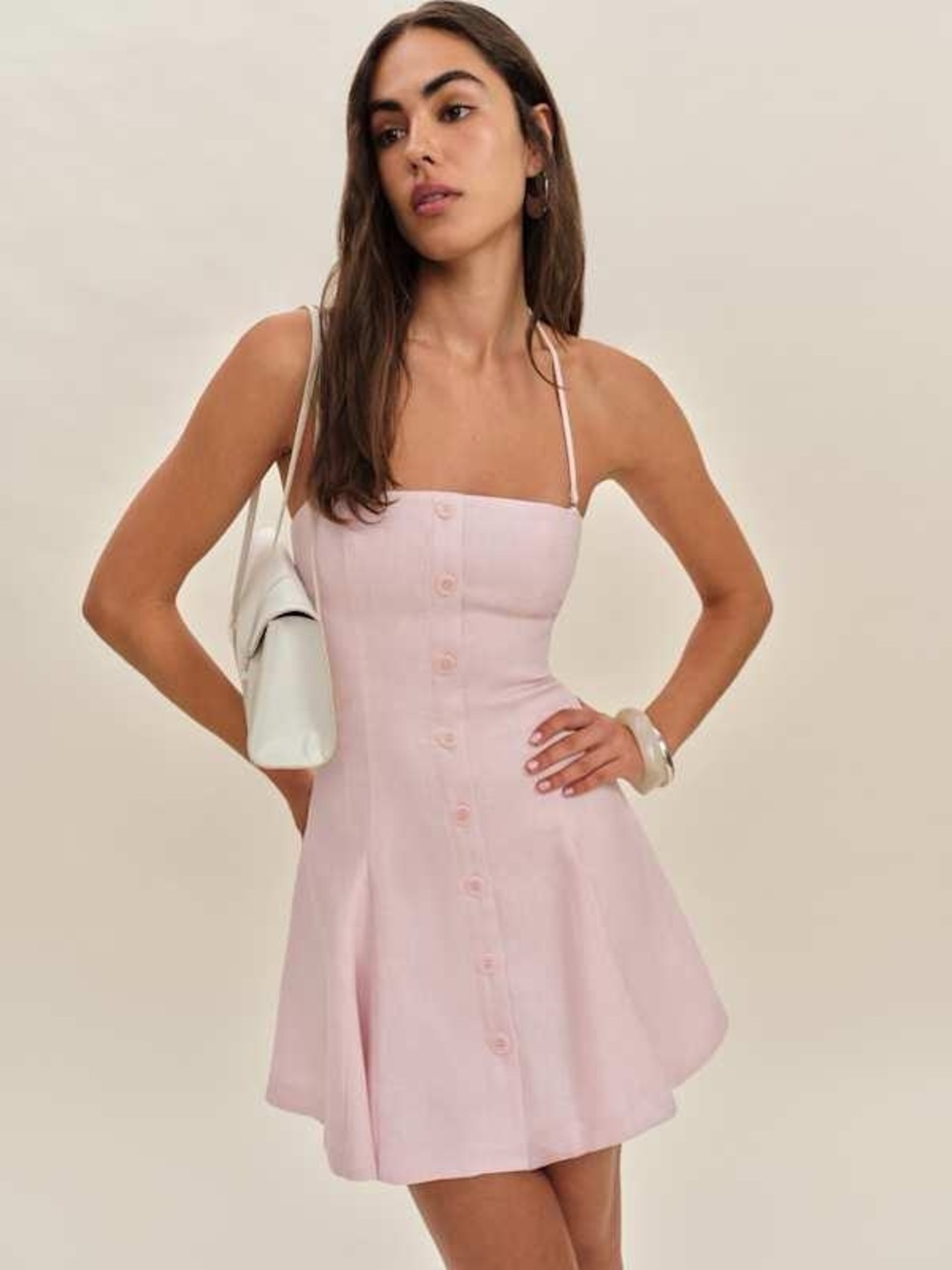 NWT Reformation 100% Linen Derin Size 12 Light Pink Button A-Line Women's Dress